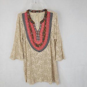 GIMMICKS by BKE Womens SMALL Top Tunic Lace Crochet 3/4 Sleeve Boho Romantic